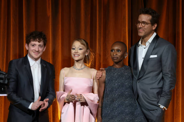 Ethan Slater, Ariana Grande, and Cynthia Erivo accept the Best Film Award for "Wicked" from Ryan Reynolds onstage during The National Board of Review Annual Awards Gala at Cipriani 42nd Street on January 07, 2025 in New York City. (612×408)