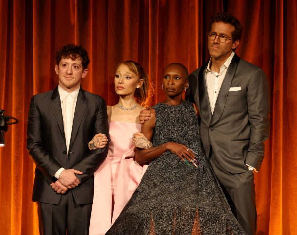 Ethan Slater, Ariana Grande, and Cynthia Erivo accept the Best Film Award for "Wicked" from Ryan Reynolds onstage during The National Board of Review Annual Awards Gala at Cipriani 42nd Street on January 07, 2025 in New York City. (612×485)