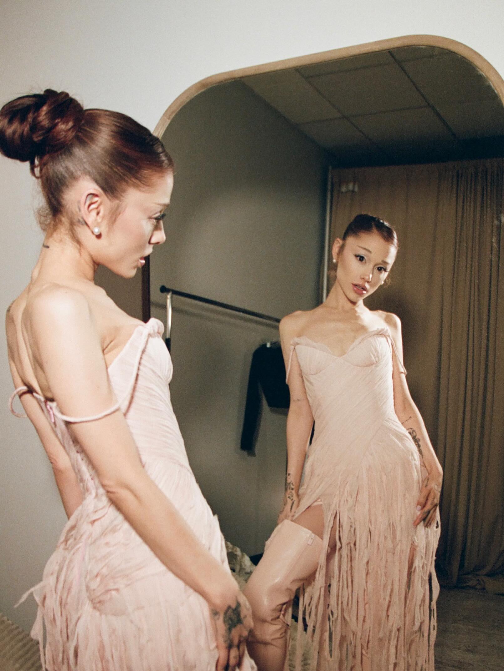 Photo shared by Ariana Grande on June 10, 2026 tagging @alexandermcqueen, @christianlouboutin, and @katiatemkin. May be an image of one or more people, makeup, gown, dress and text. (1610×2146)