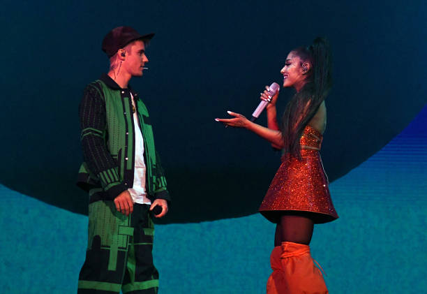 Justin Bieber performs with Ariana Grande at Coachella Stage during the 2019 Coachella Valley Music And Arts Festival on