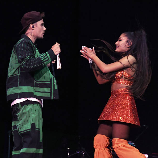 Justin Bieber performs with Ariana Grande at Coachella Stage during the 2019 Coachella Valley Music And Arts Festival on