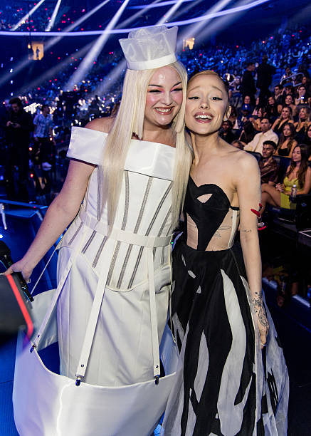 Megan Stalter and Ariana Grande attend the 2025 MTV Video Music Awards at UBS Arena on September 07, 2025 in Elmont, New