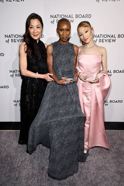 Michelle Yeoh and Cynthia Erivo and Ariana Grande, winners of the the NBR Spotlight Award: Creative Collaboration for "Wicked" pose during The National Board of Review Annual Awards Gala at Cipriani 42nd Street on January 07, 2025 in New York City. (408×612)
