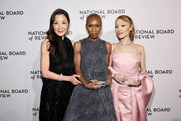 Michelle Yeoh and Cynthia Erivo and Ariana Grande, winners of the the NBR Spotlight Award: Creative Collaboration for "Wicked" pose during The National Board of Review Annual Awards Gala at Cipriani 42nd Street on January 07, 2025 in New York City. (612×408)