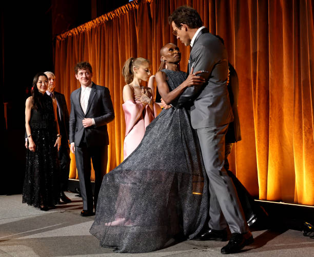 Michelle Yeoh, Ethan Slater, Ariana Grande, and Cynthia Erivo accept the Best Film Award for "Wicked" from Ryan Reynolds onstage during The National Board of Review Annual Awards Gala at Cipriani 42nd Street on January 07, 2025 in New York City. (612×501)