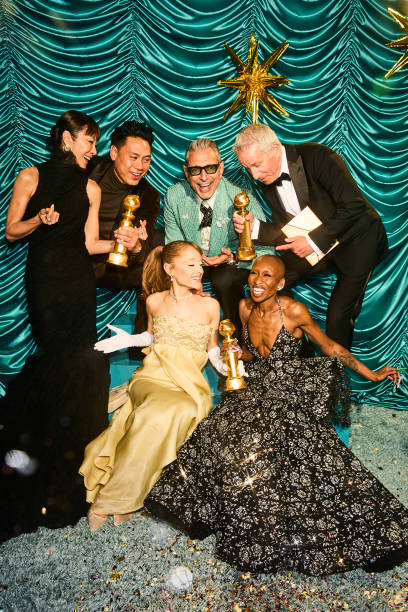 Michelle Yeoh, Jon M. Chu, Ariana Grande, Jeff Goldblum, Marc E. Platt, Cynthia Erivo photographed backstage during the 82nd Annual Golden Globes held at the Beverly Hilton on January 05, 2025 in Beverly Hills, California. — frame 33/110 (408×612)