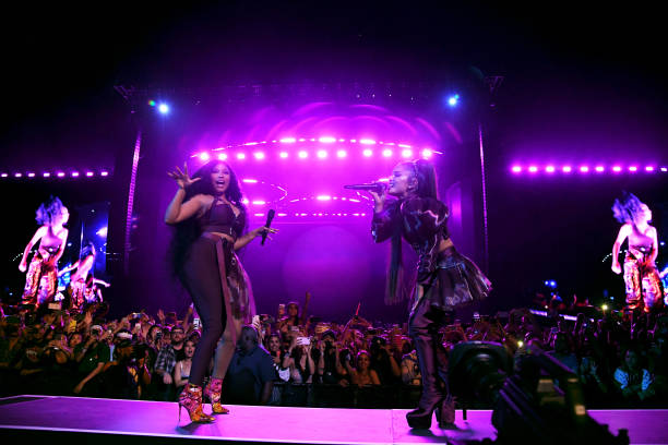 Nicki Minaj and Ariana Grande perform on Coachella Stage during the 2019 Coachella Valley Music And Arts Festival on April 14, 2019 in Indio, California. (612×408)