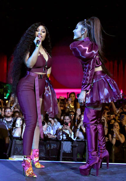 Nicki Minaj and Ariana Grande perform on Coachella Stage during the 2019 Coachella Valley Music And Arts Festival on April 14, 2019 in Indio, California. (427×612)
