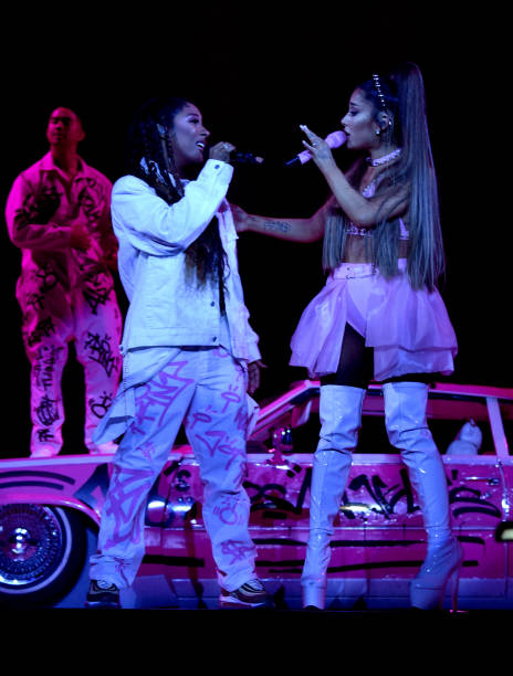 Victoria Monet and Ariana Grande perform onstage during Ariana Grande Sweetener World Tour at Staples Center on May 07, 2019 in Los Angeles, California. (464×612)