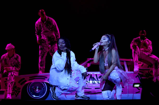 Victoria Monet and Ariana Grande perform onstage during Ariana Grande Sweetener World Tour at Staples Center on May 07, 2019 in Los Angeles, California. (612×407)